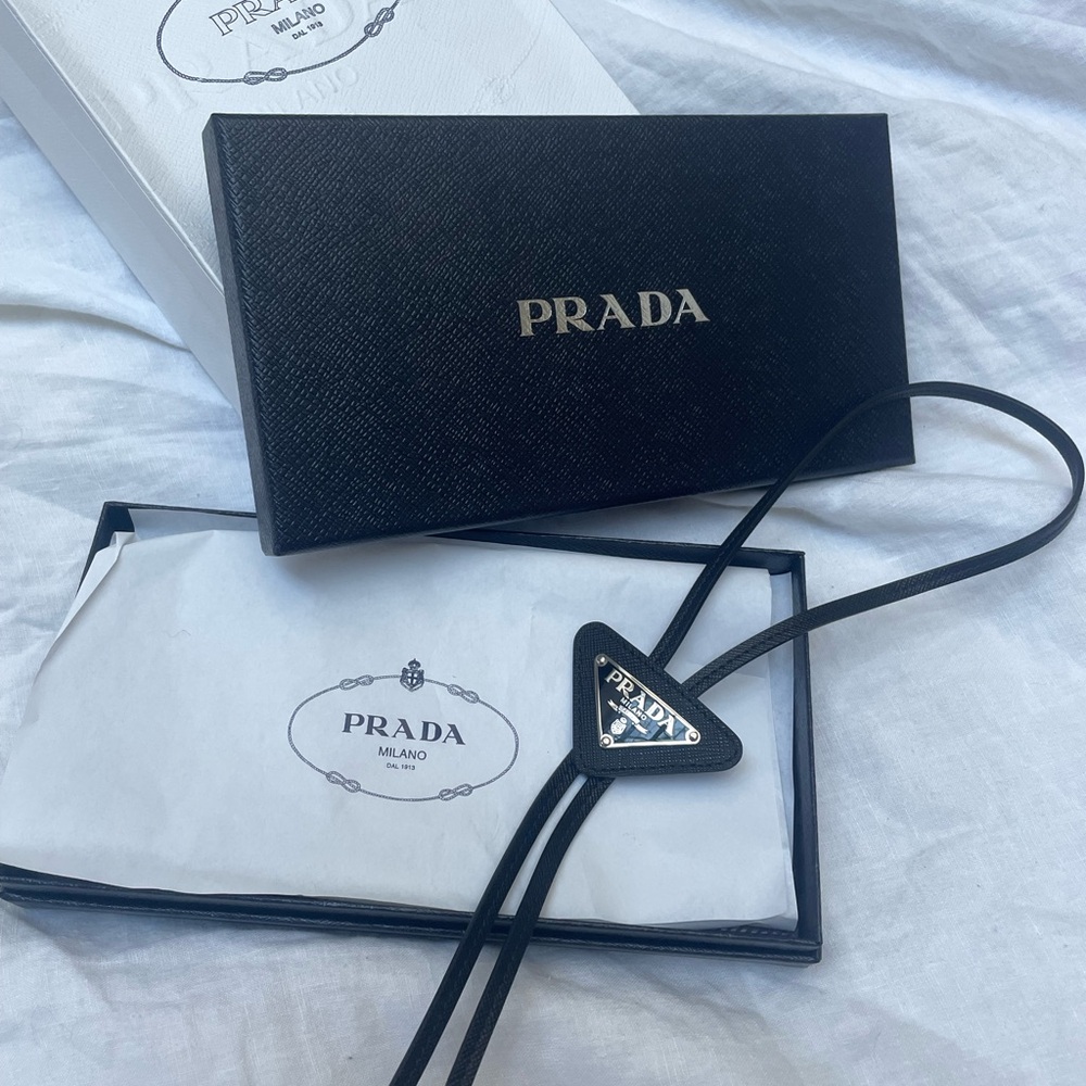 Prada Black Saffiano Leather Logo Bolo Tie - Unisex